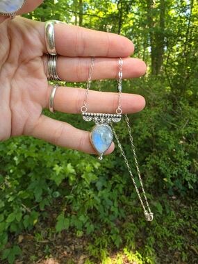 Sterling Silver Moonstone Teardrop Pendant Necklace - Blue Flash